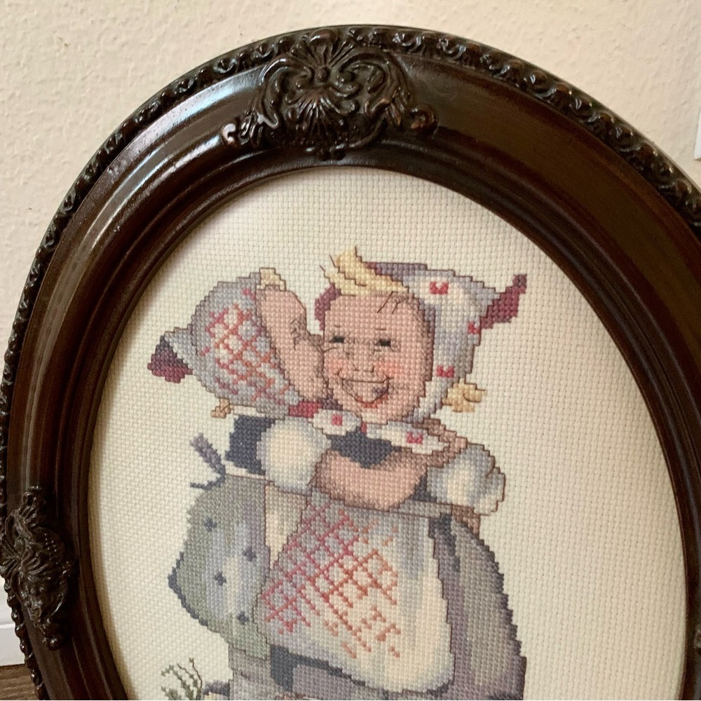 Vintage Wooden Frame Cross Stitch Hummel Picture 11/14” - Picture 3 of 13